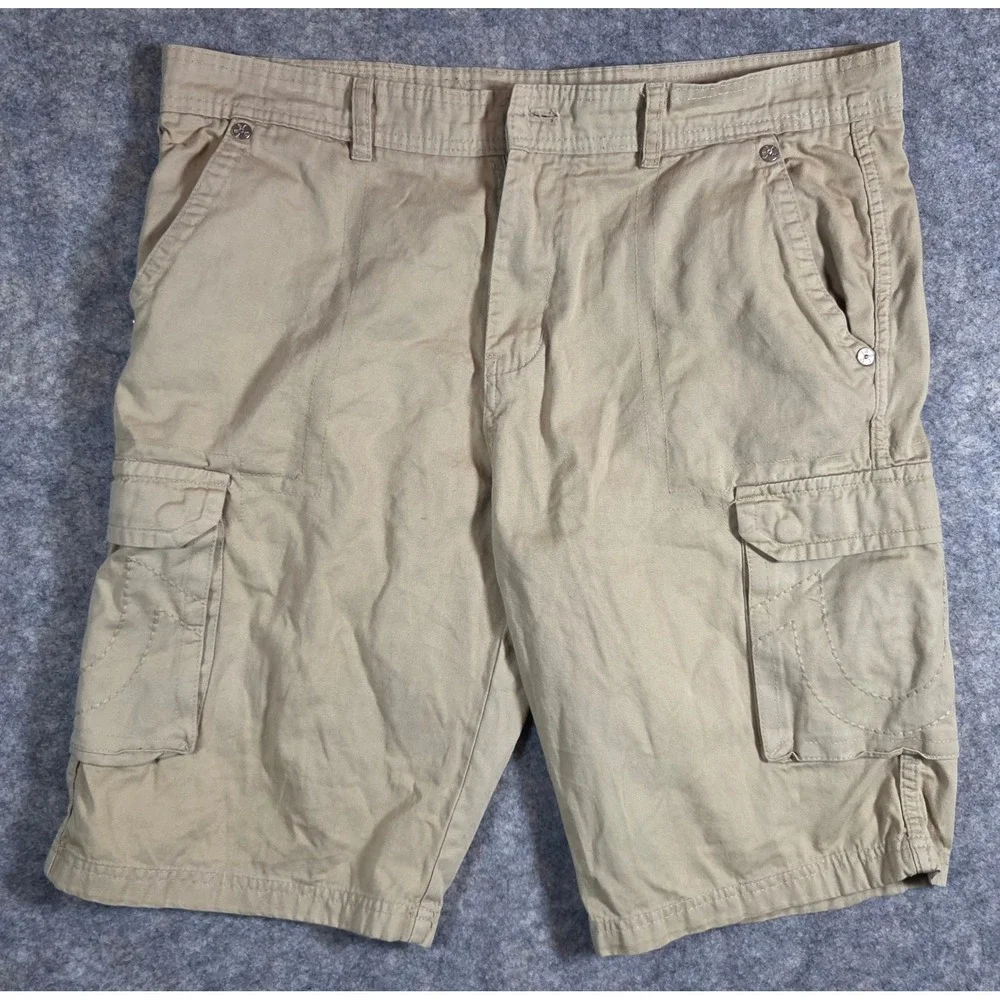 Vintage True Religion Joey Cargo Shorts Mens 36 Tan Khaki Made in USA Horseshoe